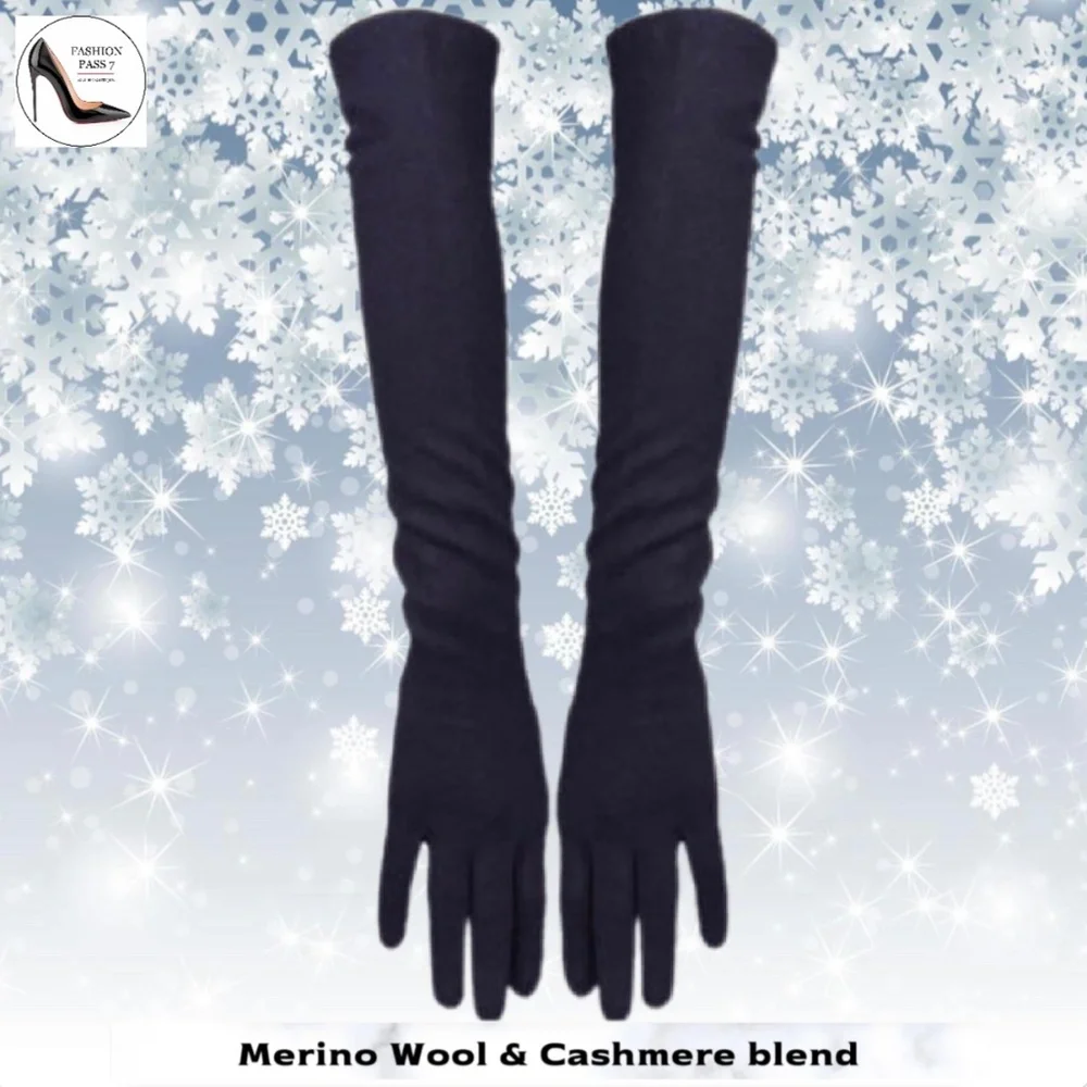 Long Black Cashmere Merino Wool Gloves Classical Driving Winter Warm Opera Glove