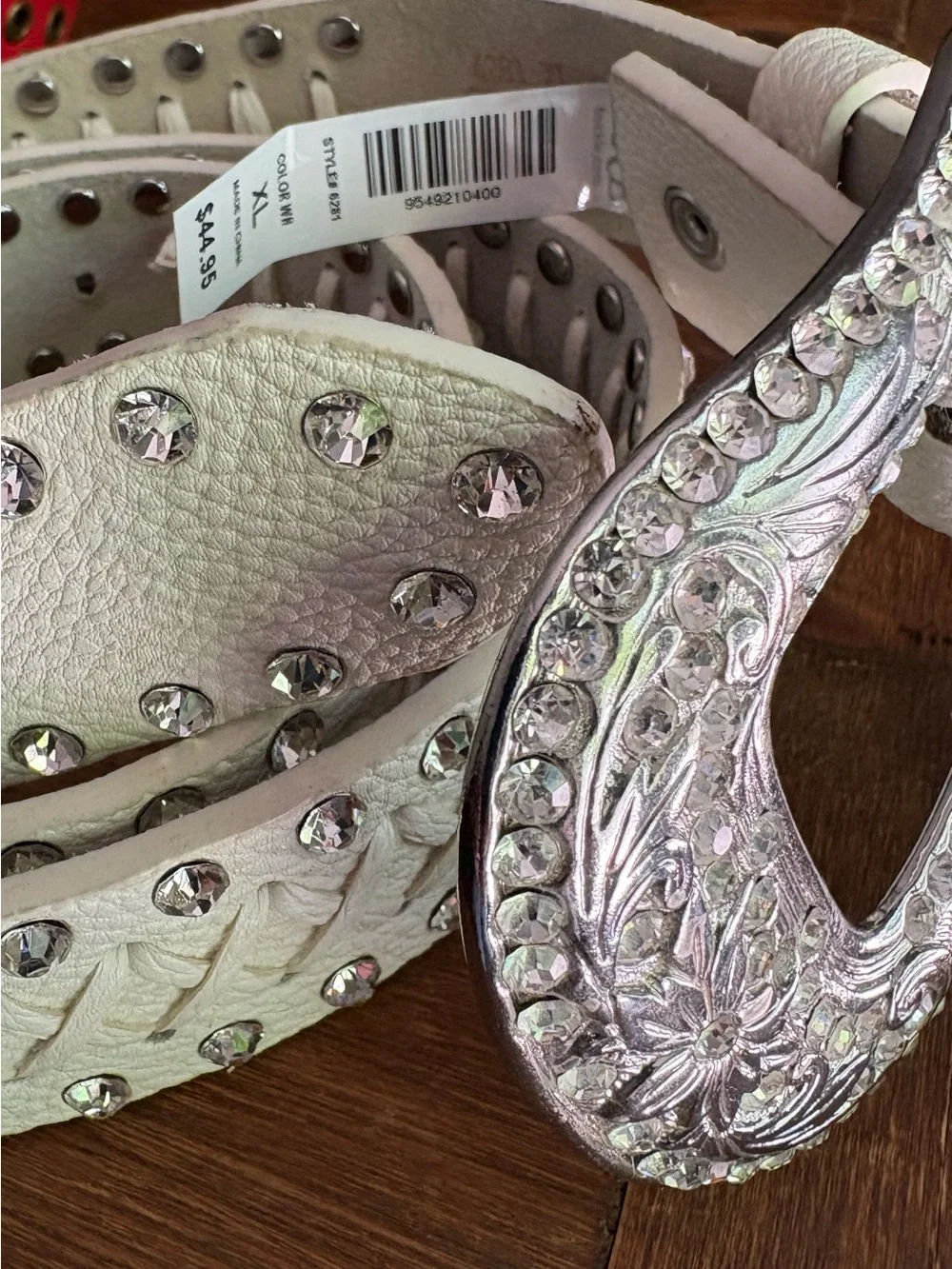 BKE Rhinestone Leather Western Crosstitch Western Festival Belt White Sz XL