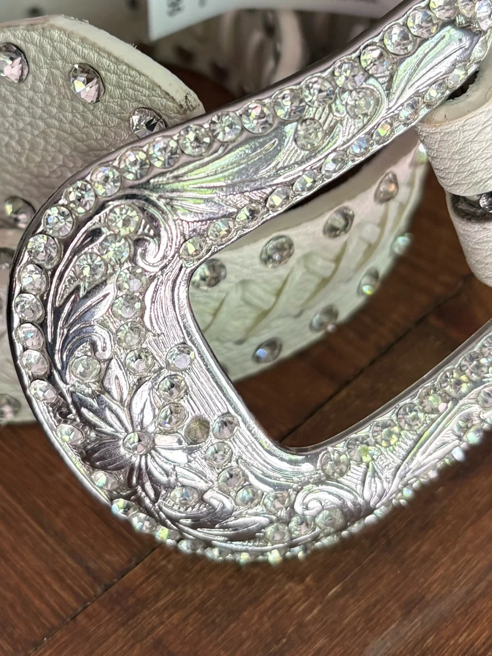 BKE Rhinestone Leather Western Crosstitch Western Festival Belt White Sz XL