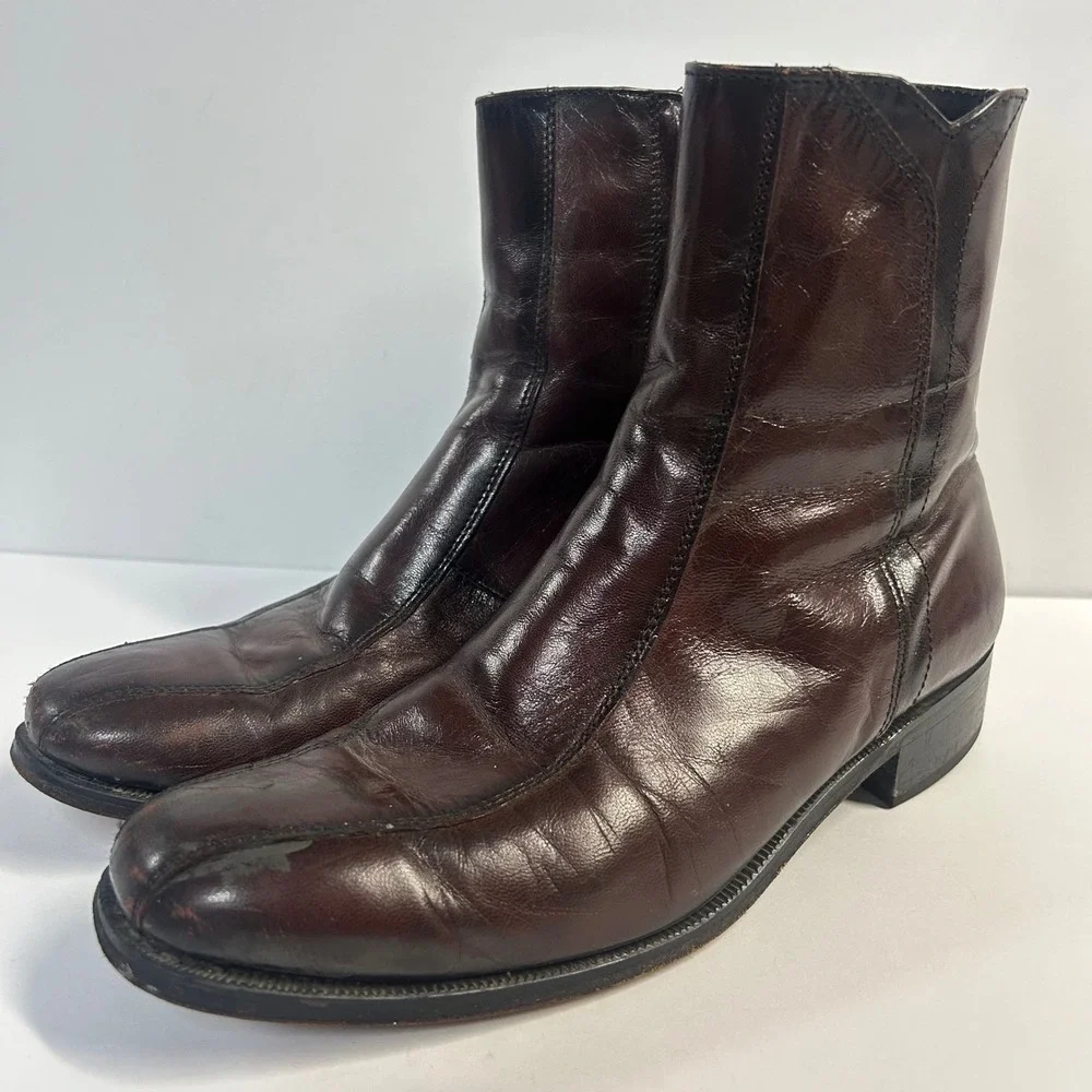 Florsheim Leather Side Zip Ankle Boots Brown Mens 8 D Square Toe 11087-05 Dress