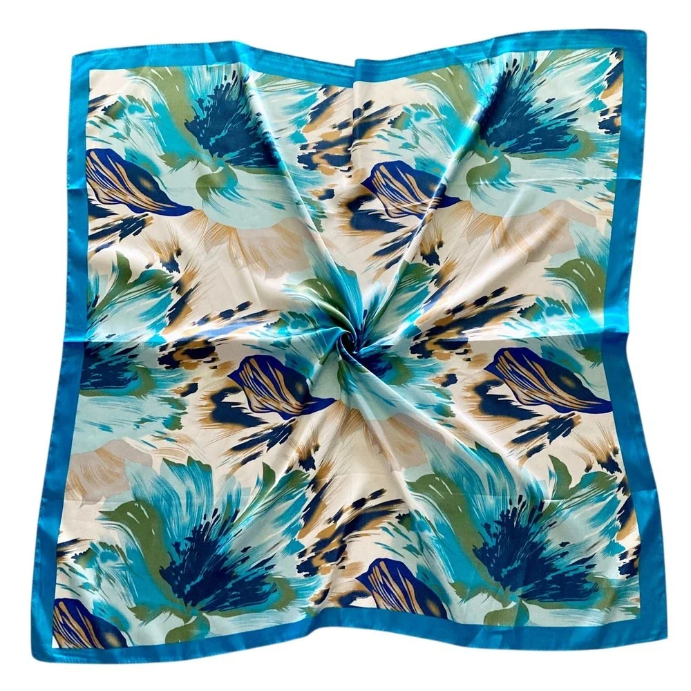 Oversized Square Blue Floral Satin Scarf Head Neck Hair boho Tropical Wrap 💖