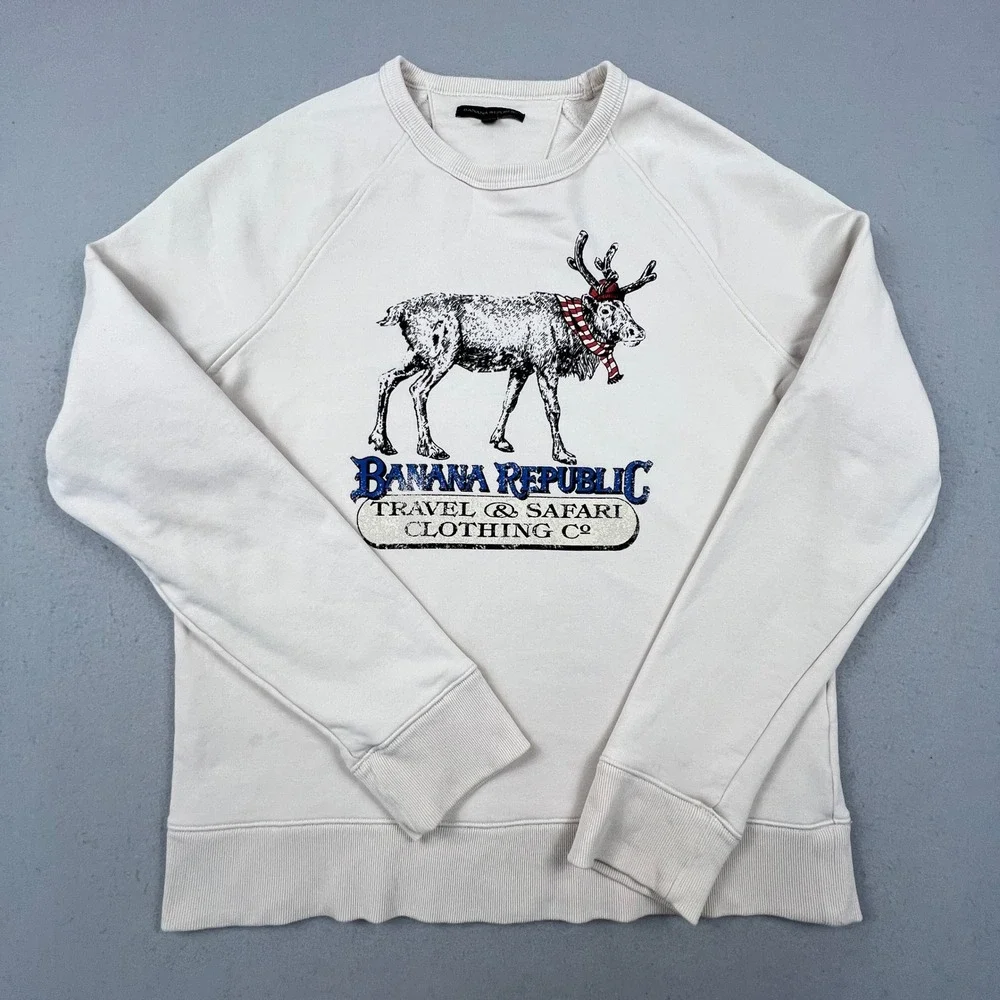 Banana Republic Sweatshirt Mens Large Cream Reindeer Safari Graphic Terry HOL19
