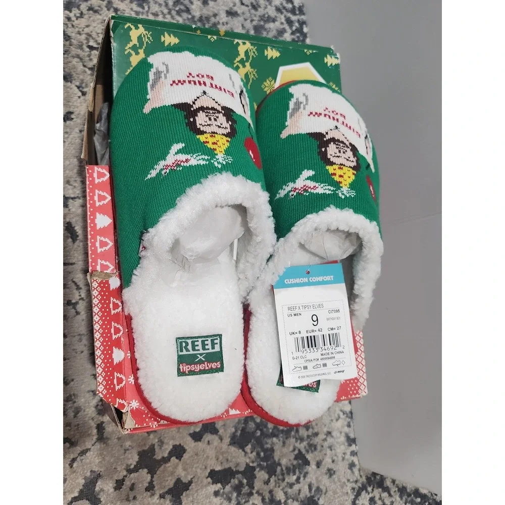 Reef x Tipsy Elves Birthday Boy Jesus Christmas Slippers Mens 9 Green CI7095 NEW