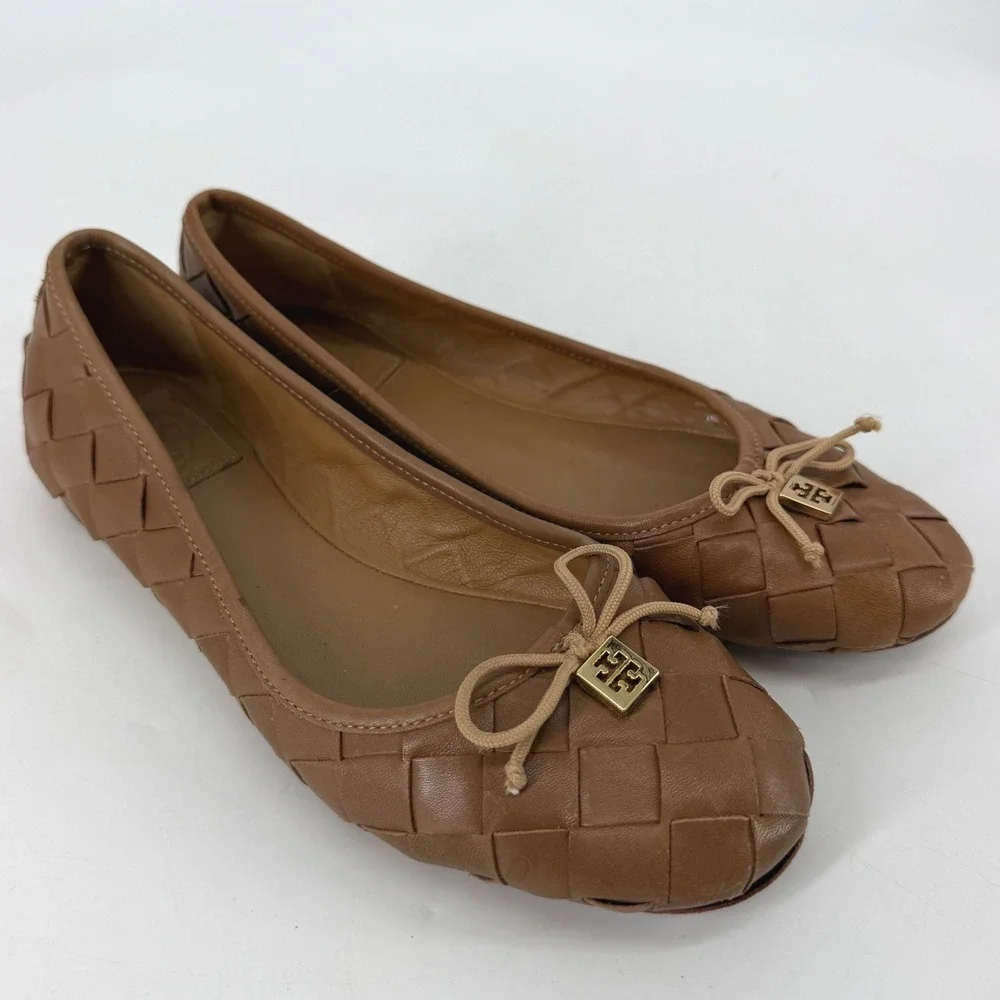 Tory Burch Carlyle Woven Leather Ballet Flats Brown Bow Logo Women's 7M
