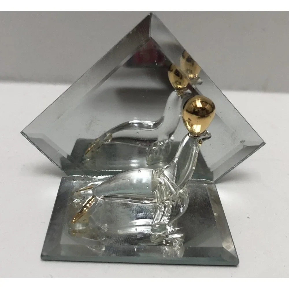 Glass Animal With Mirror Seal Mini Figure ‎ Clear/Gold 1.5x3