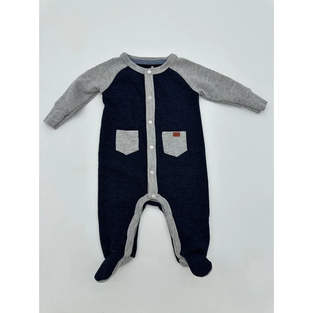 7 For All Mankind Footed Romper‎ Baby Boy Thermal Waffle Knit Navy Grey 0/3M