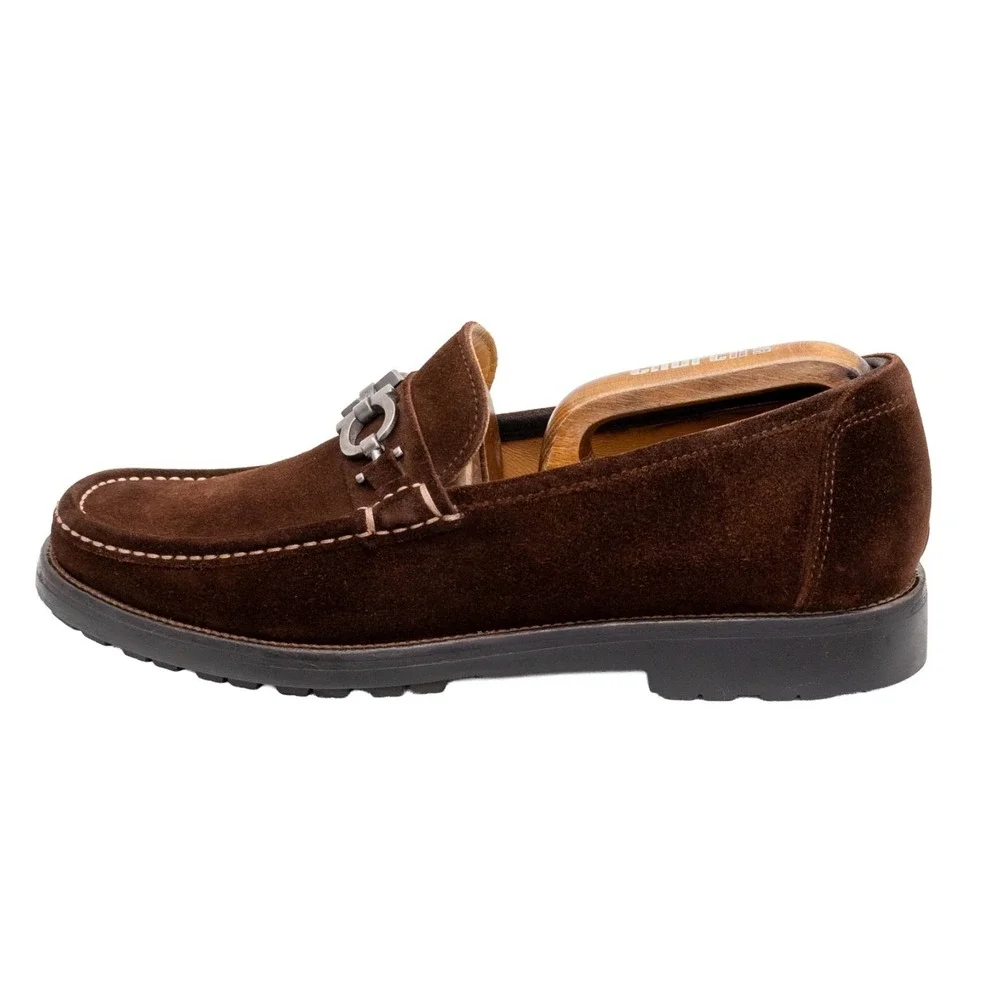 $849.00! Salvatore Ferragamo Gancini‎ Logo Suede Loafers Brown Men's US 8.5 D