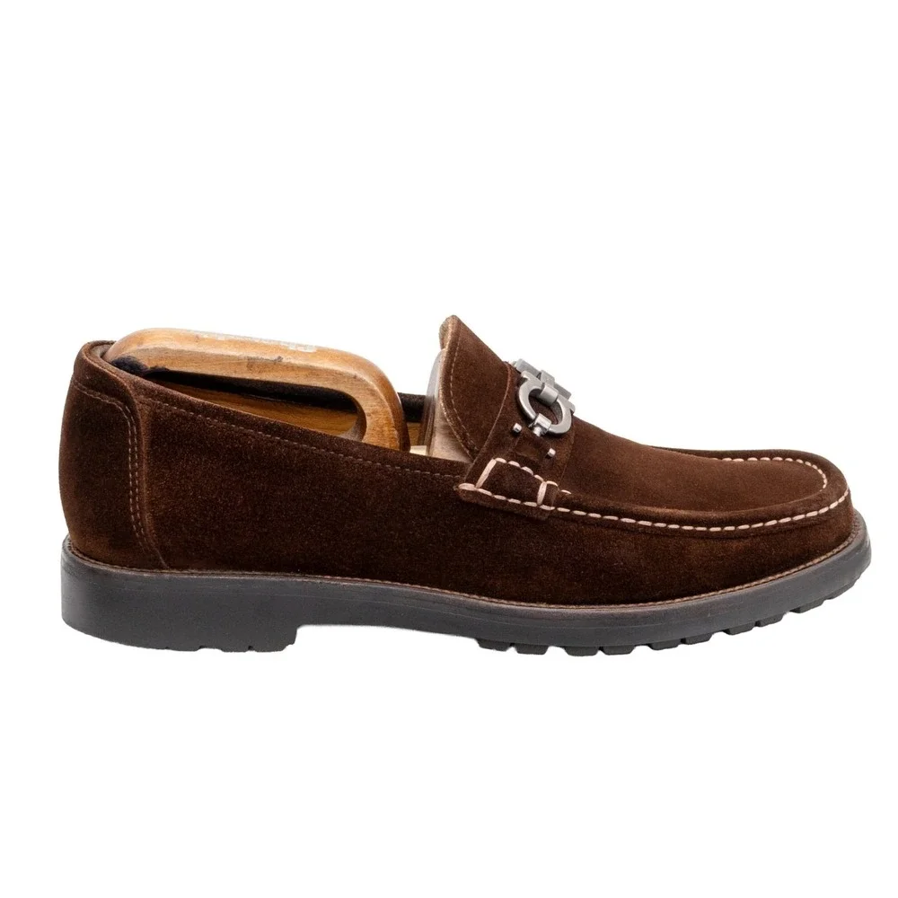 $849.00! Salvatore Ferragamo Gancini‎ Logo Suede Loafers Brown Men's US 8.5 D