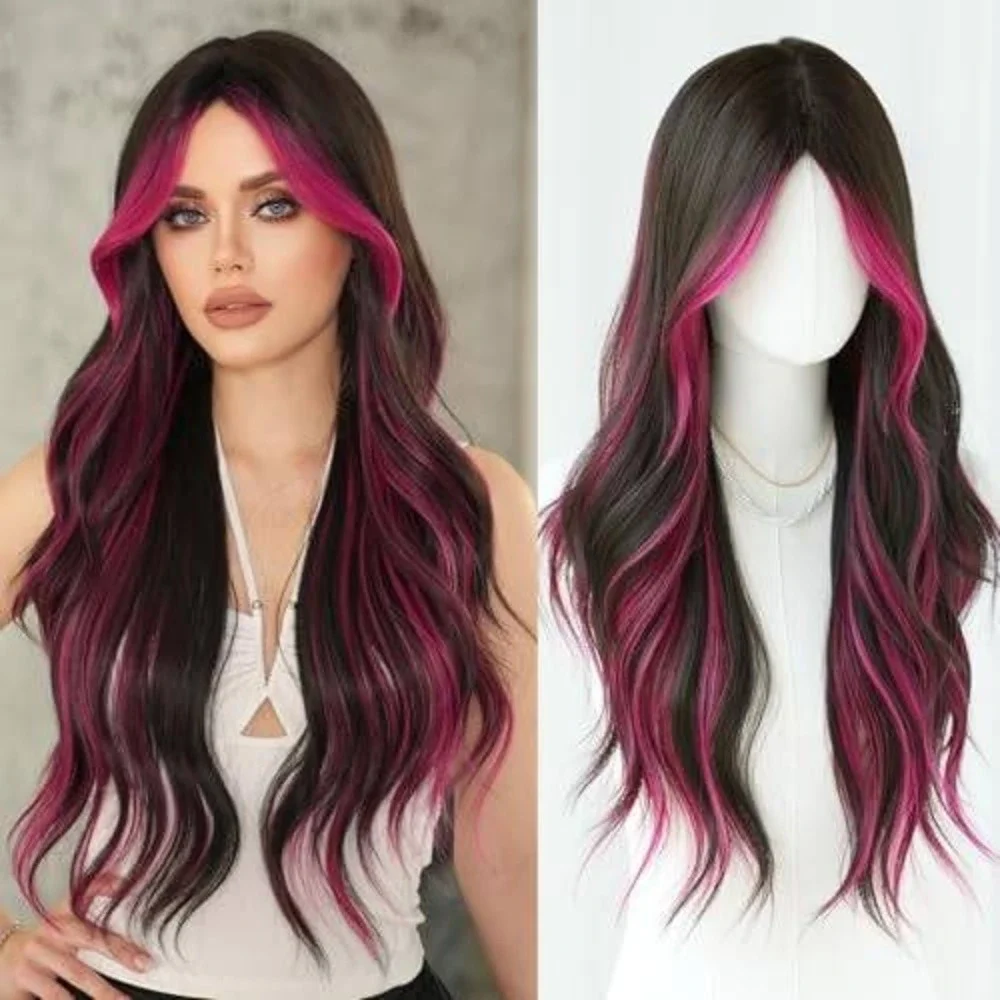 Long Wavy Dark Brown Wig with‎ Magenta Pink Face Framing Highlights Synthetic