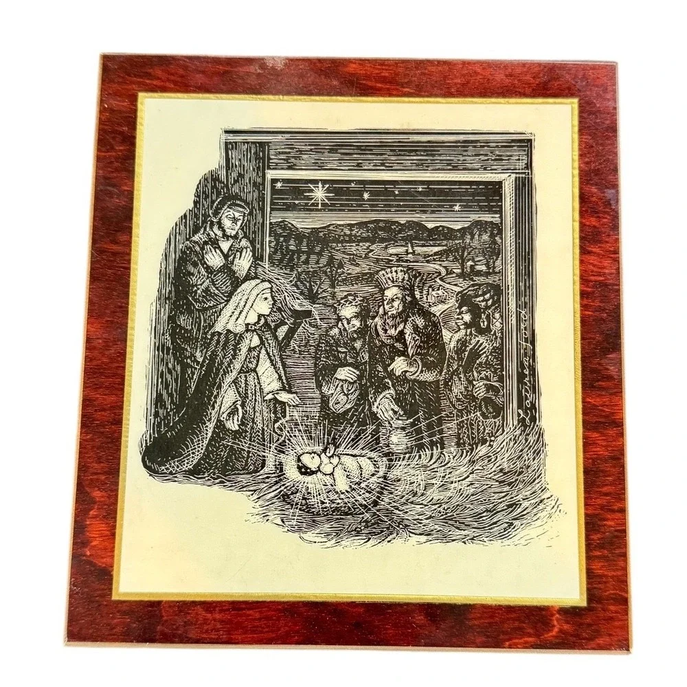 Lauren Ford Pyraglass Panel Regina Laudis Nativity Scene Wood‎ Plaque 6.5x5.75