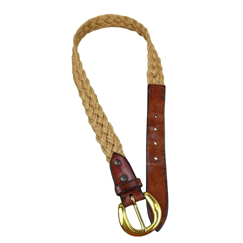 Braided Rope Belt Women's S Tan Woven Brown Leather Trim Gold Tone Round Buckle‎