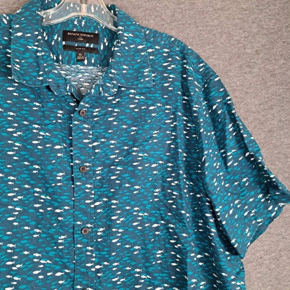Banana Republic Shirt Men XL Multi Fish AOP Linen Slim Fit Short Sleeve‎