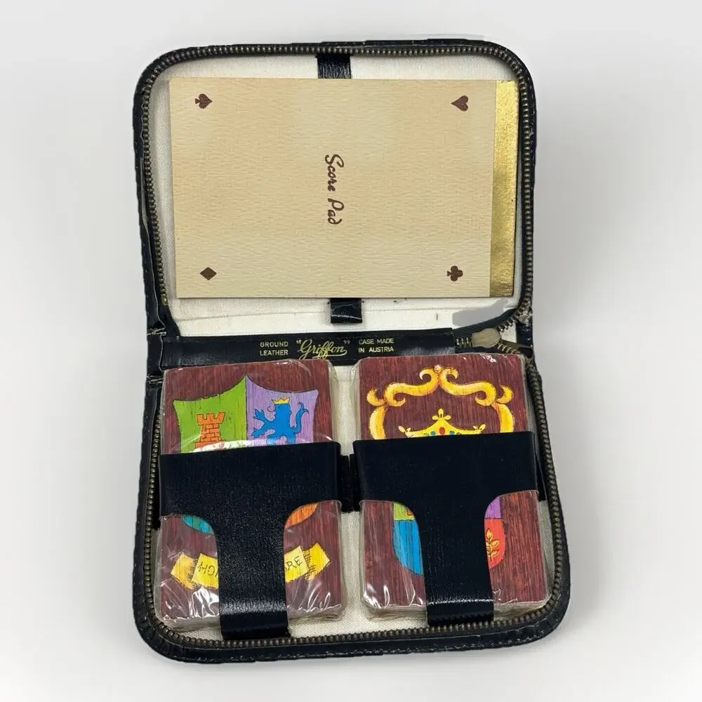 Vtg Griffon Playing Cards Made In Austria Black Leather‎ Case Score Pad NEW