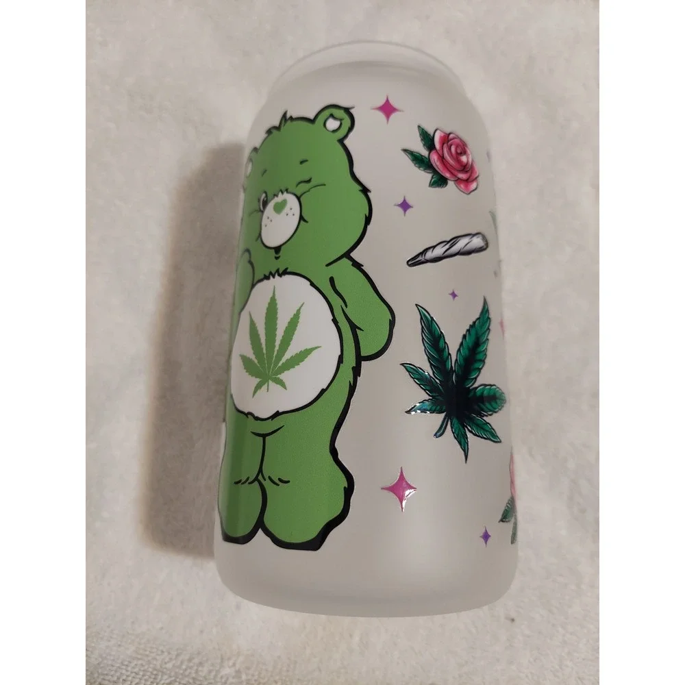 Care Bears Inspired Frosted Glass Can Cup w/Lid,‎ Straw & Cleaner Novelty Gift