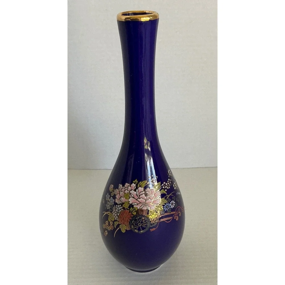 Cobalt Blue Porcelain Bud Vase Floral Gold Trim‎ 8 Inch Long Neck Decor