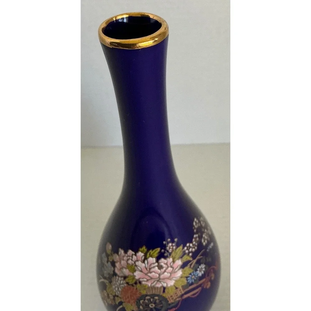 Cobalt Blue Porcelain Bud Vase Floral Gold Trim‎ 8 Inch Long Neck Decor