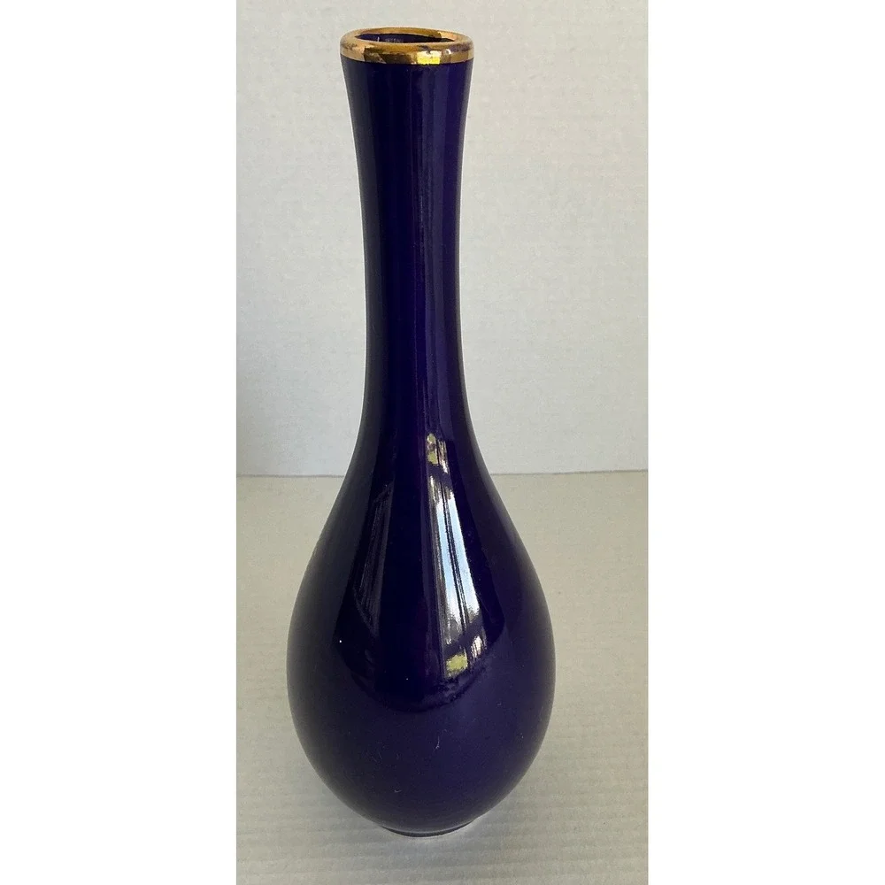Cobalt Blue Porcelain Bud Vase Floral Gold Trim‎ 8 Inch Long Neck Decor