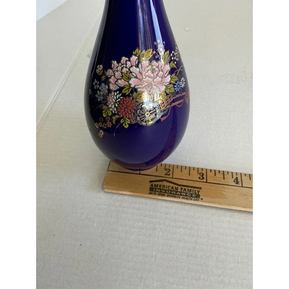 Cobalt Blue Porcelain Bud Vase Floral Gold Trim‎ 8 Inch Long Neck Decor