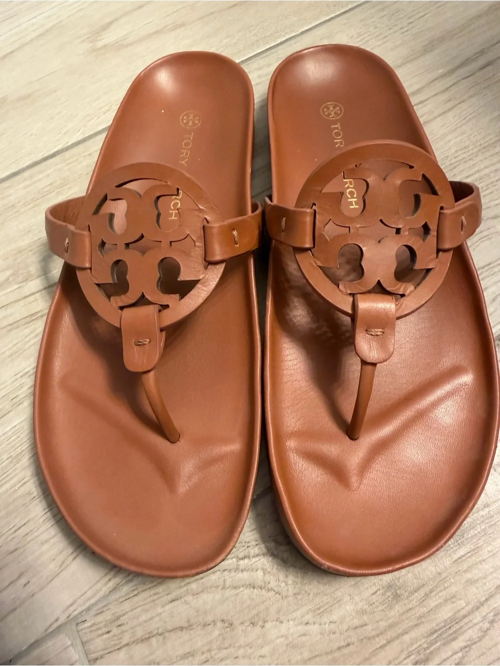 Tory Burch Brown Leather Logo Thong Sandals