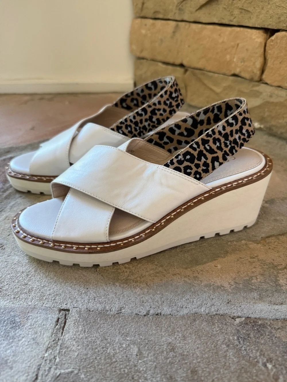 Cecelia NY Gabby Wedge Sandals w/ Leopard Elastic Strap White & Stud Detail