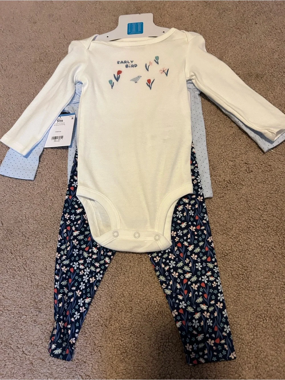 Baby Girls White 'Early Bird' Long-Sleeve One-Piece with Navy Floral Pants