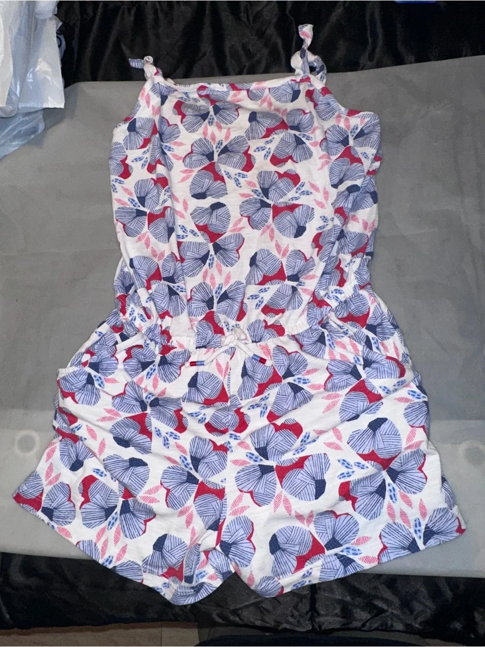 Cat & Jack White Floral Print Girls One-Piece Romper with Red and Blue Accents