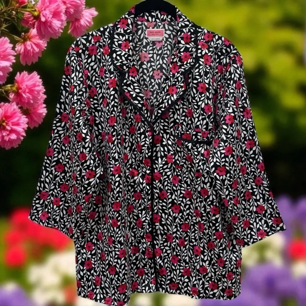 Kate Spade Floral Pajama Button up Top Comfy‎ Cute Chic Women's Size L