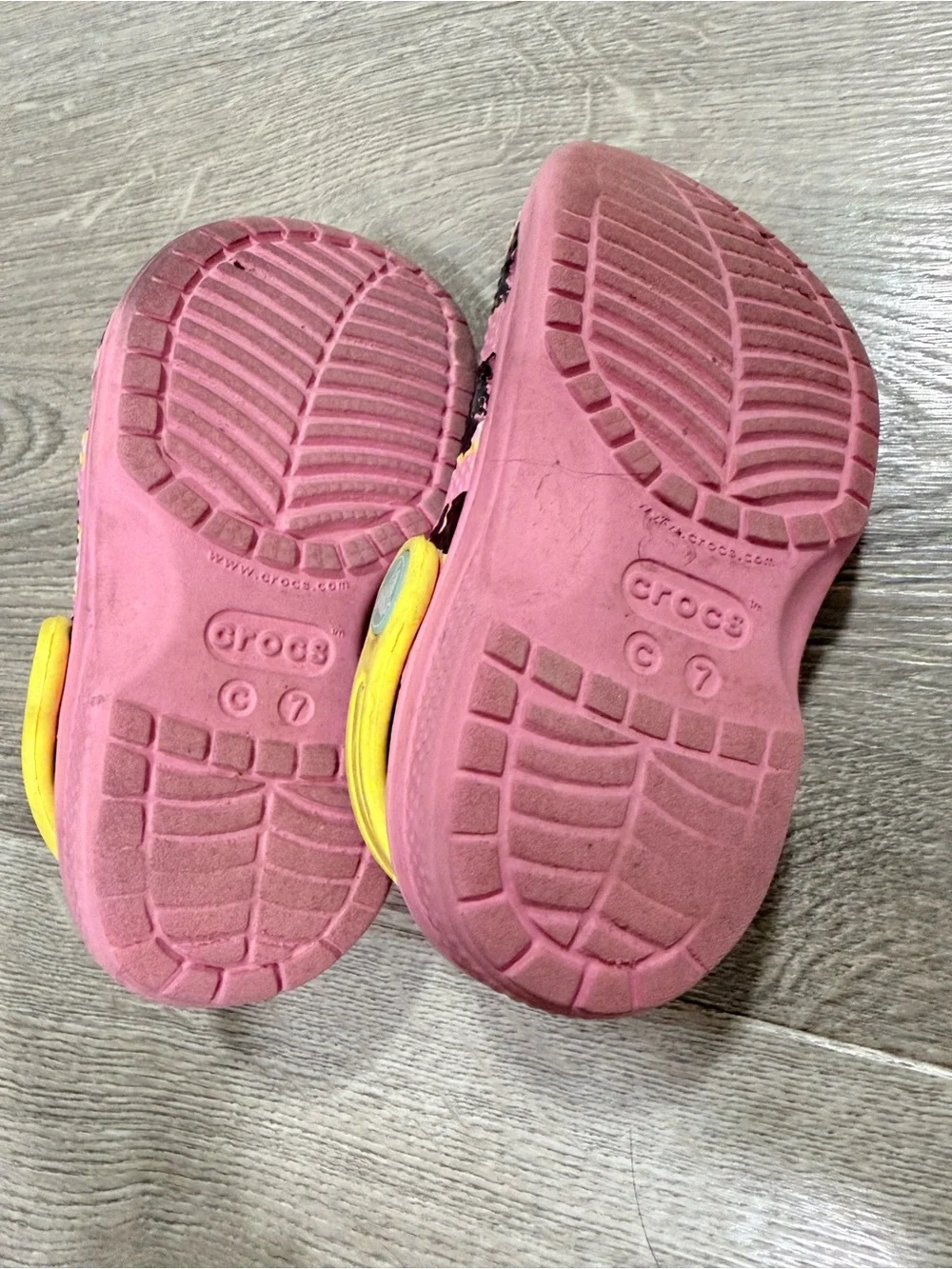 CROCS Kids Pink Leopard Print Clogs with Yellow Strap and Charms