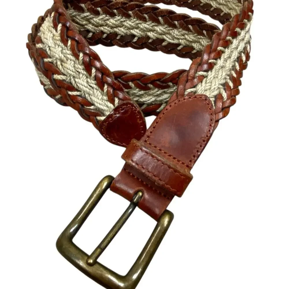 Vintage Fossil Leather Braided Belt Size M Cream Brown Boho