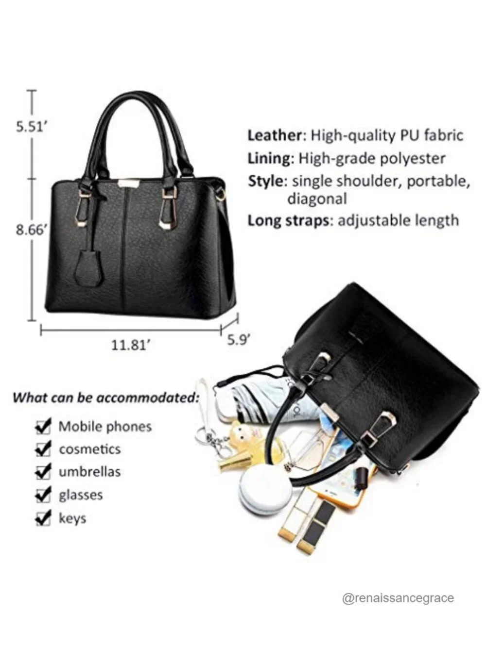 Faux Leather Satchel Shoulder Tote Handbag with Gold Hardware