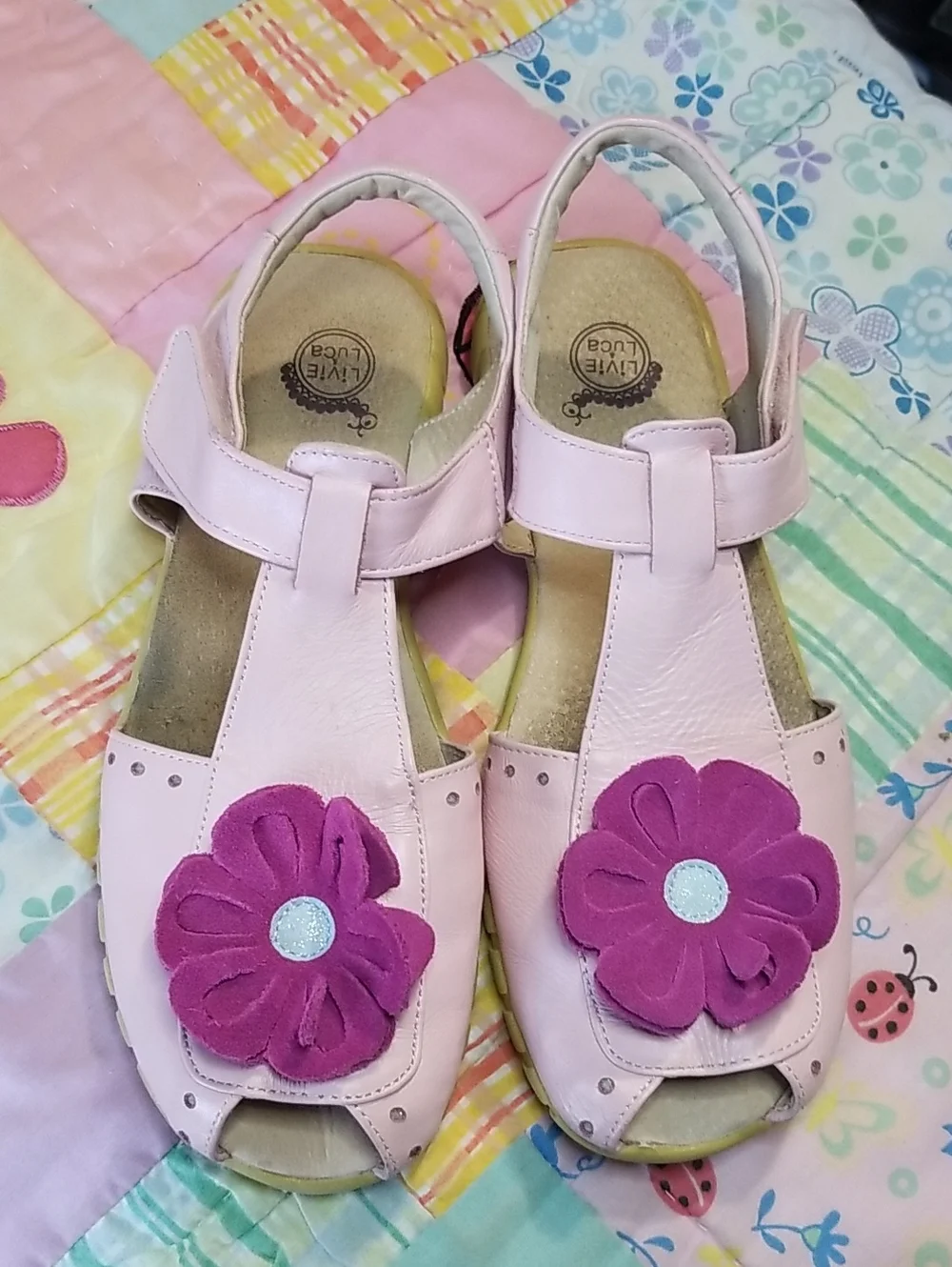 Livie & Luca Pink Leather Sandals with Magenta Suede Flowers HTF 4 Youth Blooms