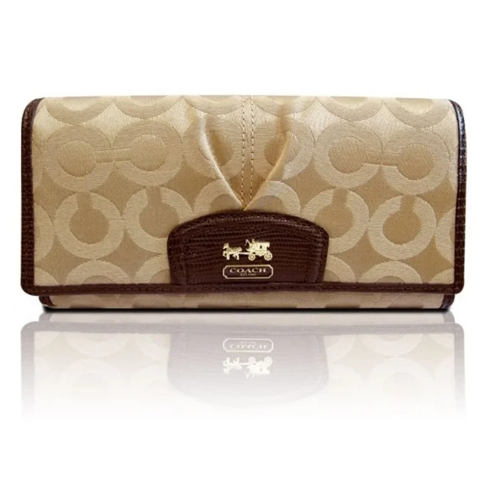 Coach Madison Op Art Clutch Wallet Beige Sateen & Leather Mahogany Khaki…