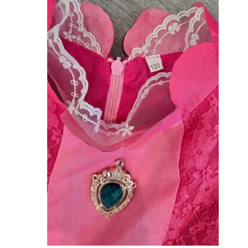 Pink Princess Peach Costume Dress Girls Size 120 Lace Bodice Teal Gem Brooch
