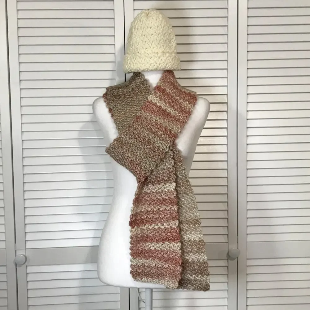 NWT Handmade Crocheted Cream Multicolor Textured Adult Beanie Scarf 80”
