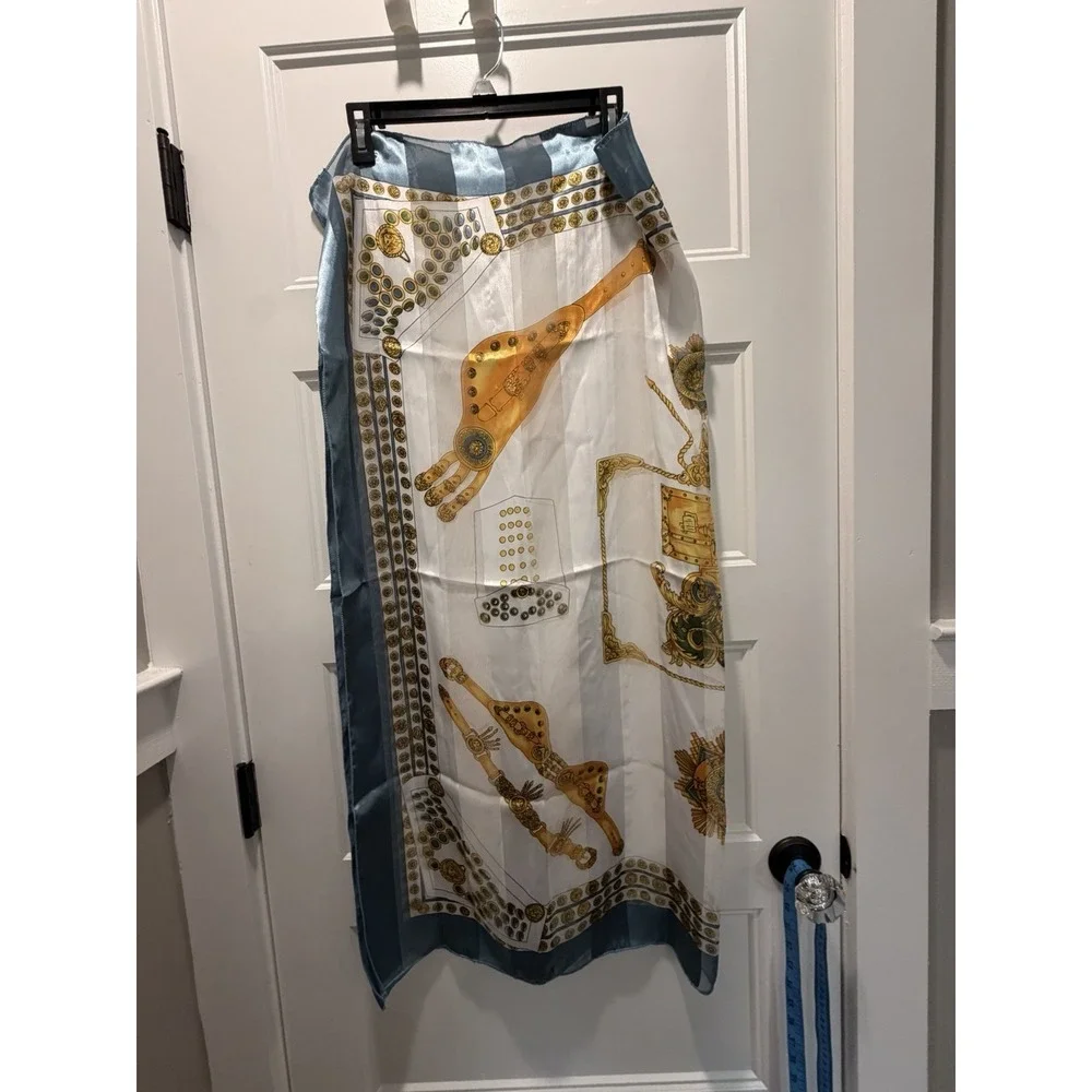 Vintage Baroque Medusa Gold Coin Print Scarf Blue White Esquatarian 40x40
