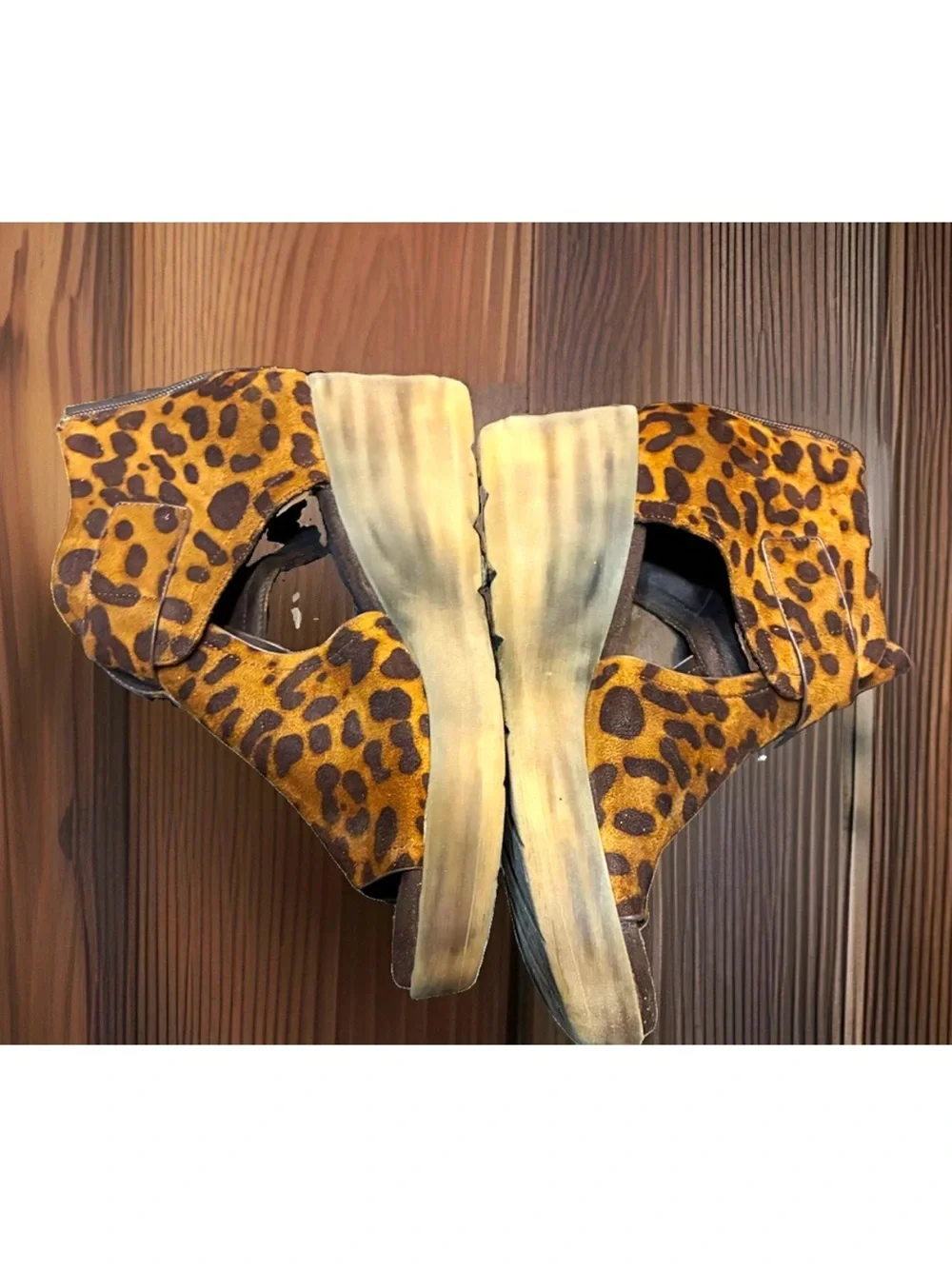 Pierre Dumas Leopard Print Wedge Sandals in Tan and Black