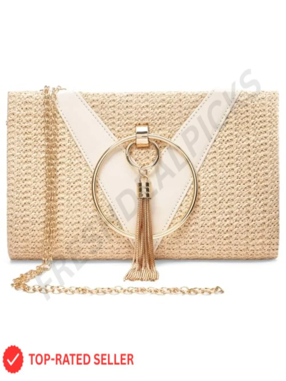 Straw Clutch Handbag Woven Boho Beach Purse with Chain Strap - Women's Summer