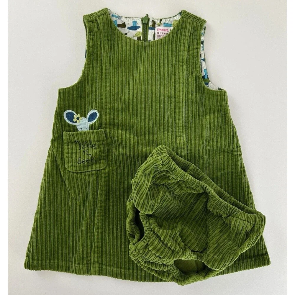 Vtg Y2K Gymboree Dress Set Corduroy Toddler Green Hide And Seek Mouse 18-24 Mo