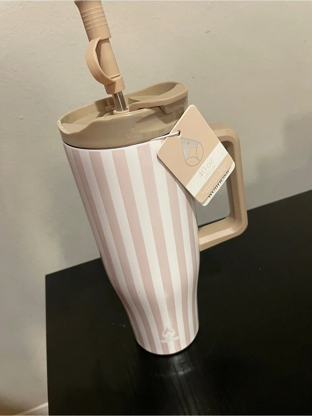 Striped Pink Travel Mug with Handle and Straw