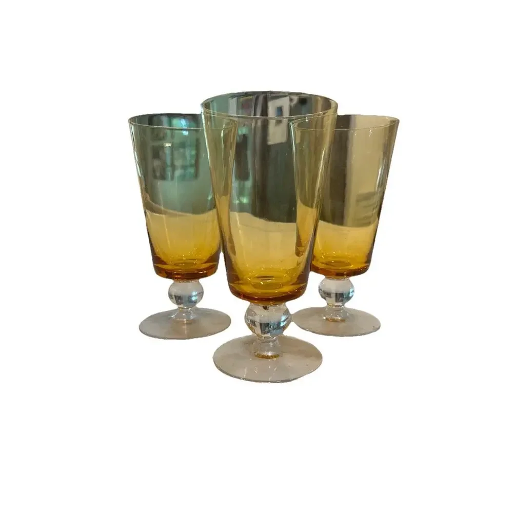 Vtg Set Of 4 Amber Crystal Iced Tea Glasses Bubble Accent Stems 3 Lg And 1 Small