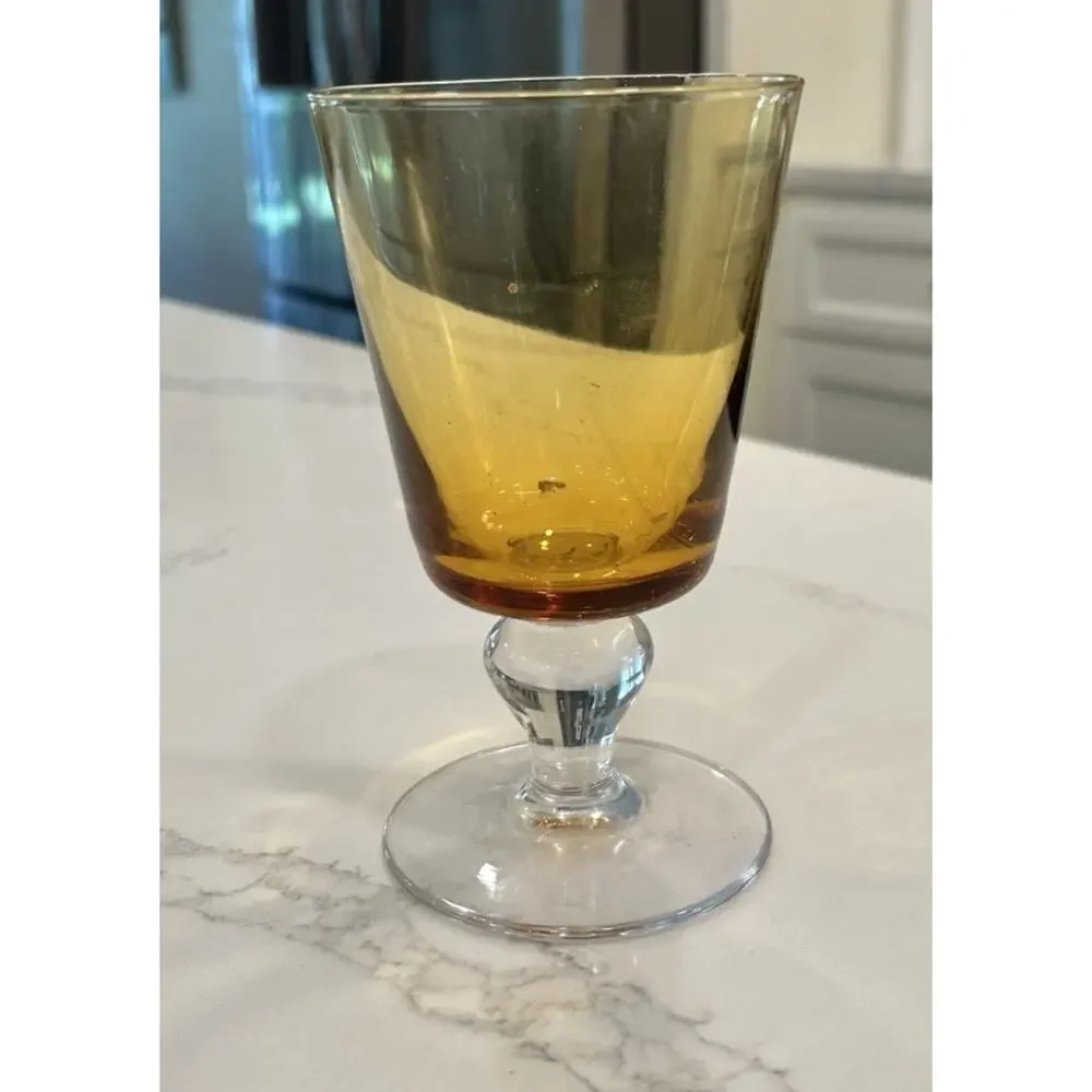 Vtg Set Of 4 Amber Crystal Iced Tea Glasses Bubble Accent Stems 3 Lg And 1 Small