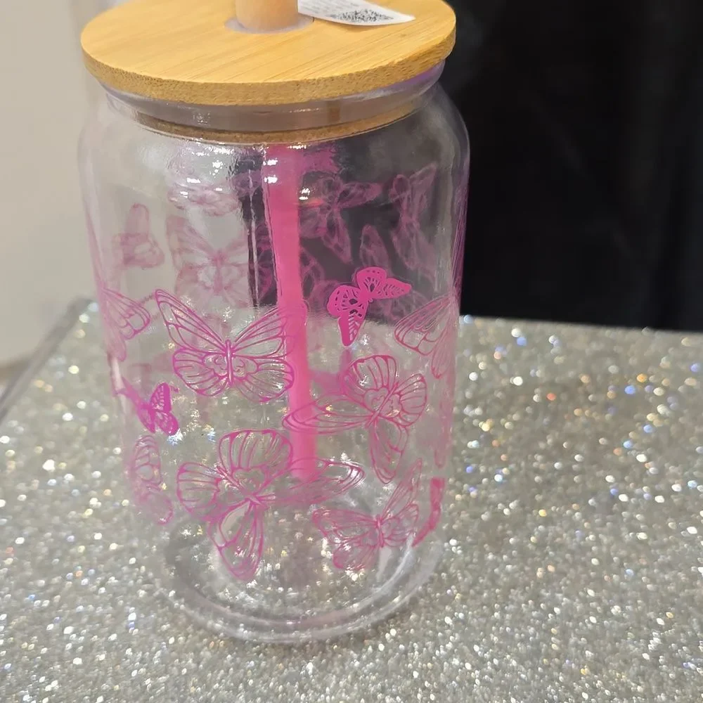 Dolly Parton Script‎ Butterfly Glass Jar w/Straw- Pink