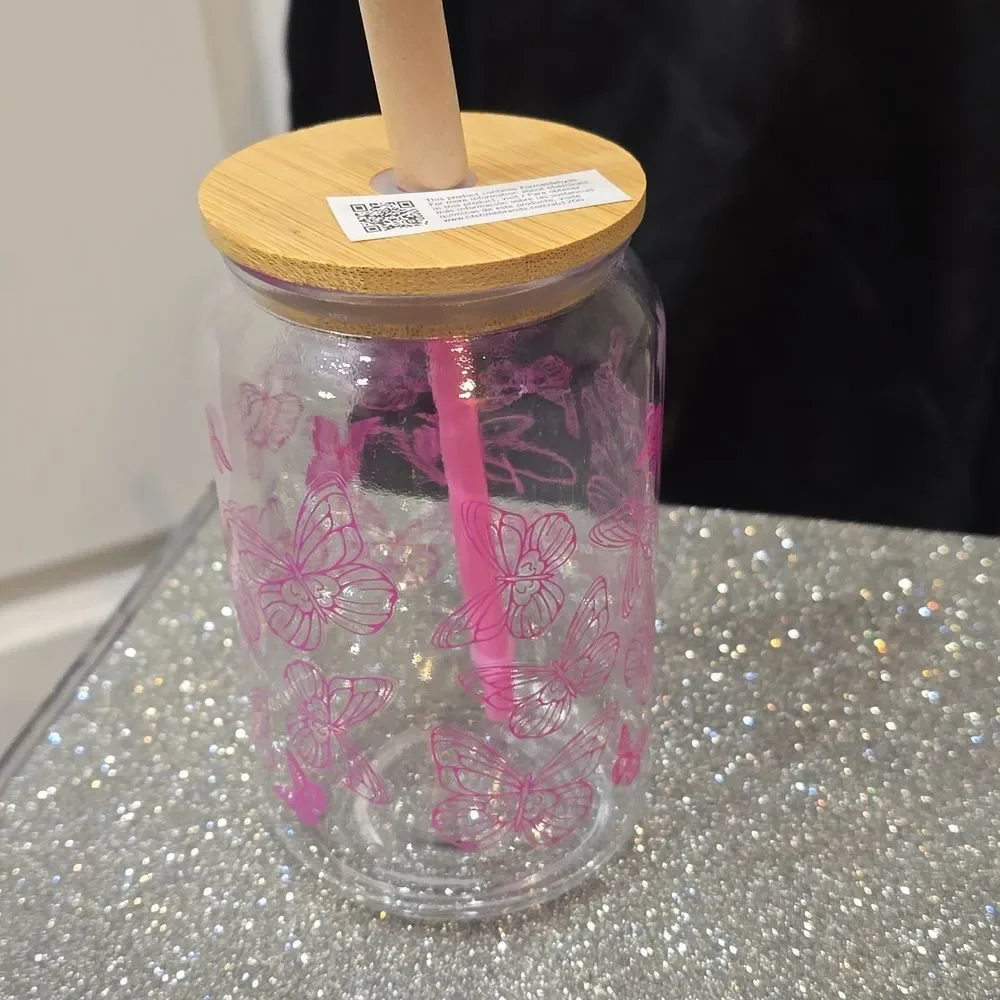Dolly Parton Script‎ Butterfly Glass Jar w/Straw- Pink