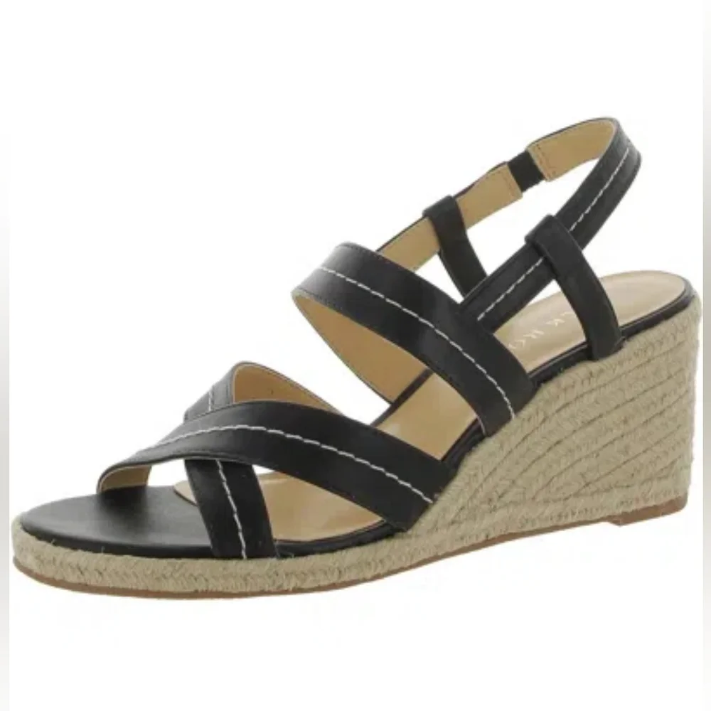 NWB Polly‎ Mid Womens Faux Leather Slingback Wedge Sandals In Black Size 9.5