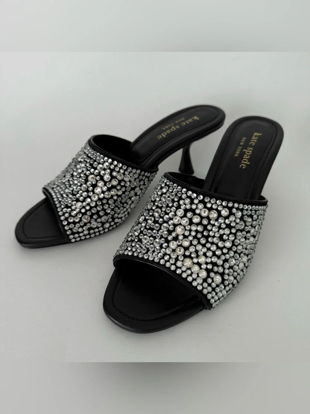 Kate Spade Malibu Black Leather Crystal Embellished Open Toe Slide Mules Sandals