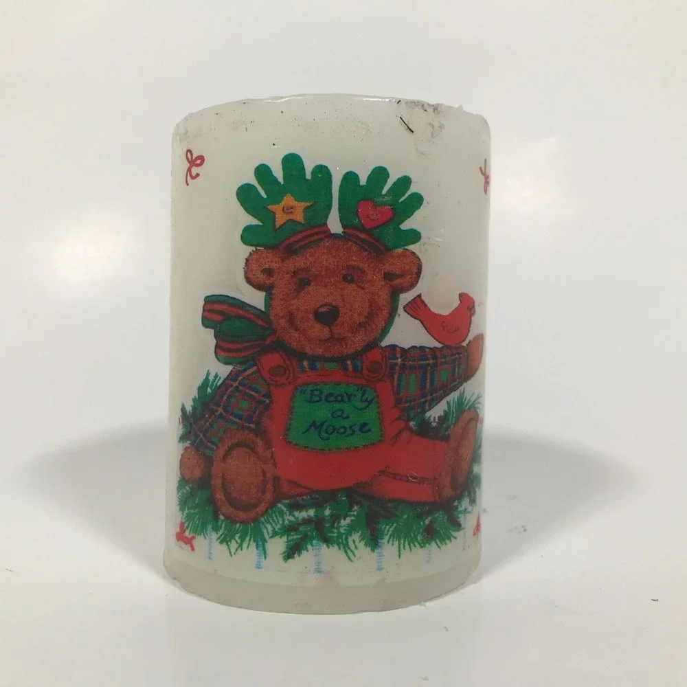 Vintage Bearly a Moose Christmas Pillar Candle White Bear Antlers Decor