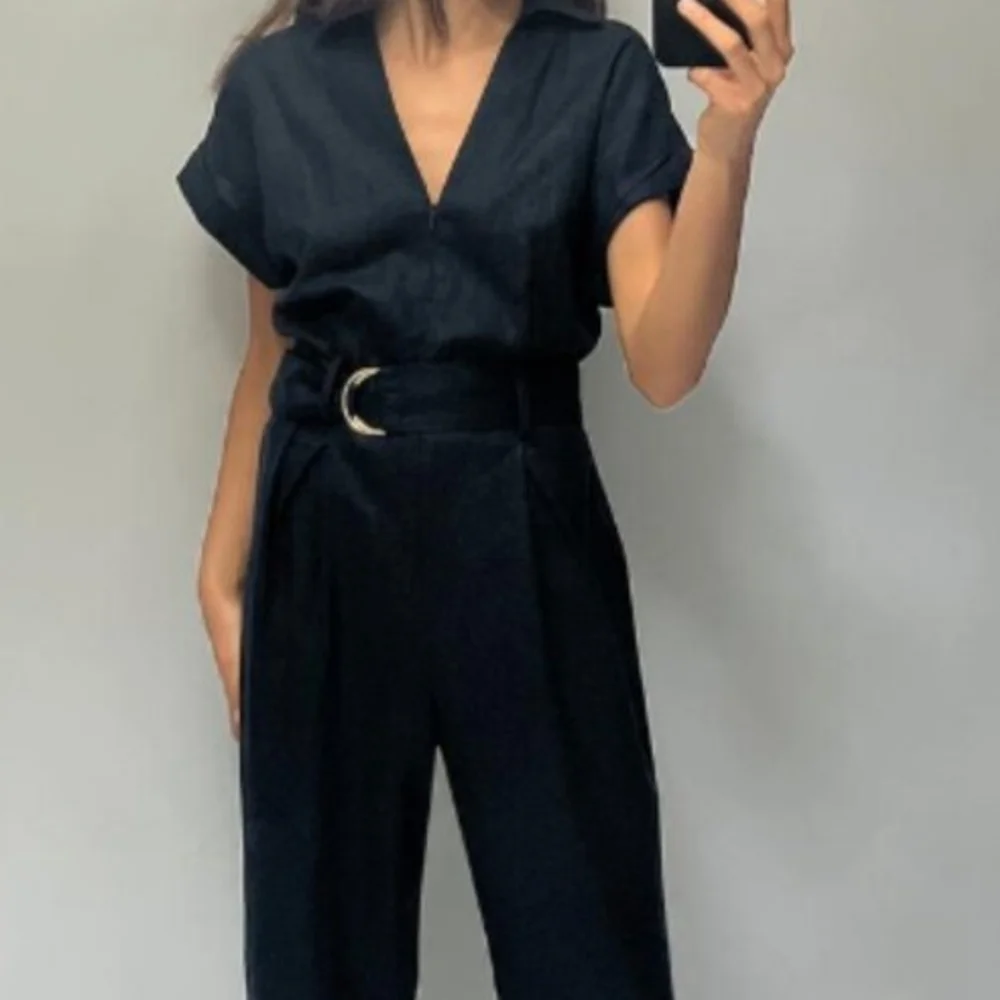 NWT Zara Dark Navy Belted Linen Blend Jumpsuit - Size XS