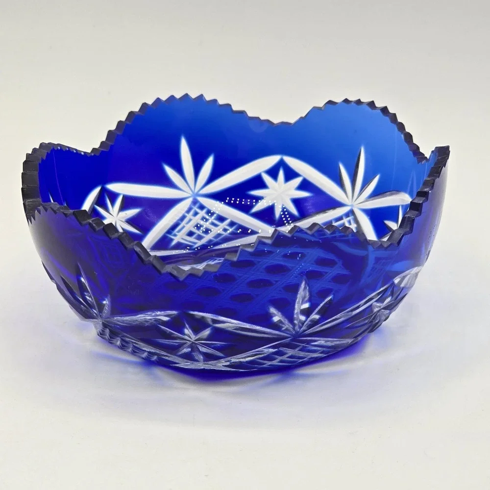 Vintage Bohemian cobalt cut to clear crystal mini bowl Antique Art Deco