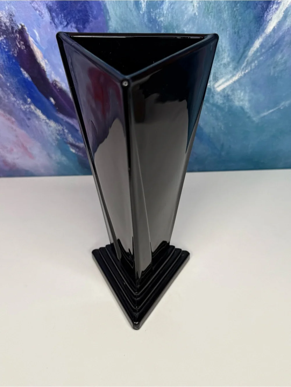 New Martinsville Black Glass Vase Triangular Triangle Art Deco Antique Vintage