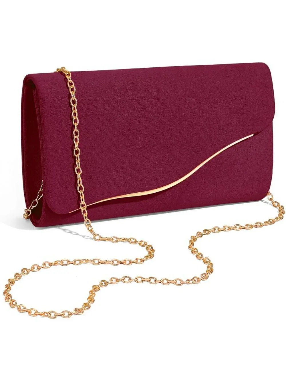 Women’s Burgundy Formal Clutch Purse Elegant Evening Bag Detachable Chain Strap